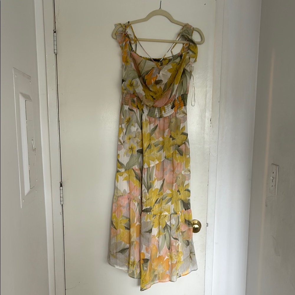 Zara Yellow and Pink Ruffled Tiered Midi Dress